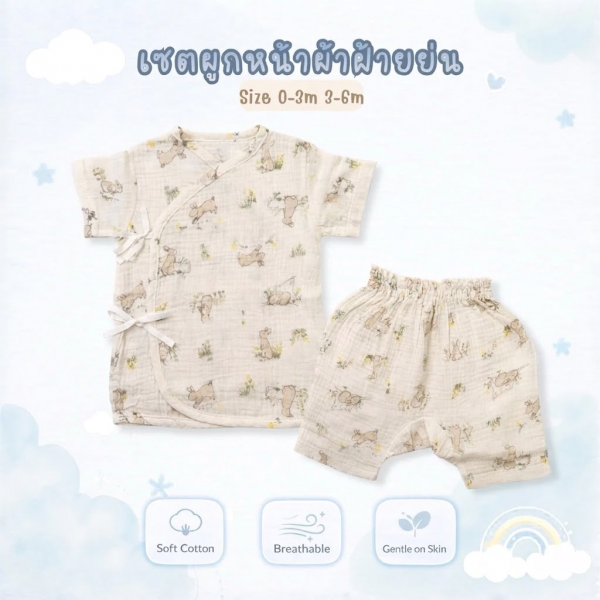 เซ็ตผูกหน้าผ้าฝ้ายย่น ผ้ามัสลิน ชุดเด็กแรกเกิด ชุดเตรียมคลอด เนื้อผ้านุ่มระบายอากาศได้ดี 0