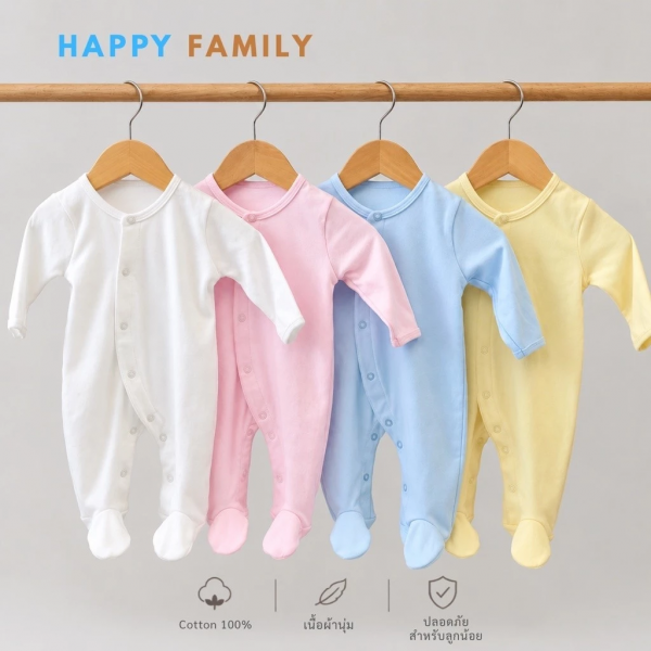 ชุดหมีเด็กอ่อนแขนยาวขายาวมีเท้า กระดุมหน้า Cotton 100% ผ้านุ่ม OEKO-TEX ชุดเด็กอ่อน 0