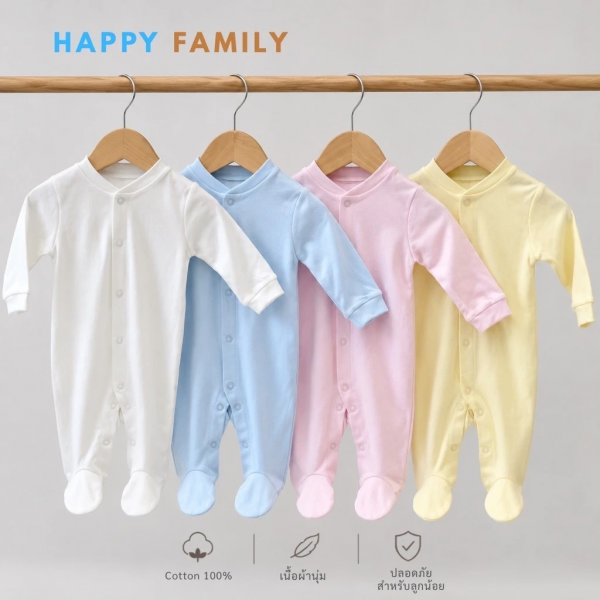 ชุดหมีเด็กอ่อนแขนยาวขายาวมีเท้า กระดุมหน้า Cotton 100% ผ้านุ่ม OEKO-TEX ชุดเด็กอ่อน 0