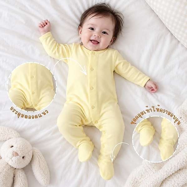 ชุดหมีเด็กอ่อนแขนยาวขายาวมีเท้า กระดุมหน้า Cotton 100% ผ้านุ่ม OEKO-TEX ชุดเด็กอ่อน