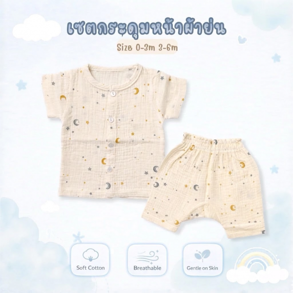 เชตกระดุมหน้าผ้าย่นมัสลิน เซตเตรียมคลอด เซตเด็กแรกเกิด ผ้านุ่ม ปลอดภัยต่อผิวเด็ก ระบายอากาศ 0