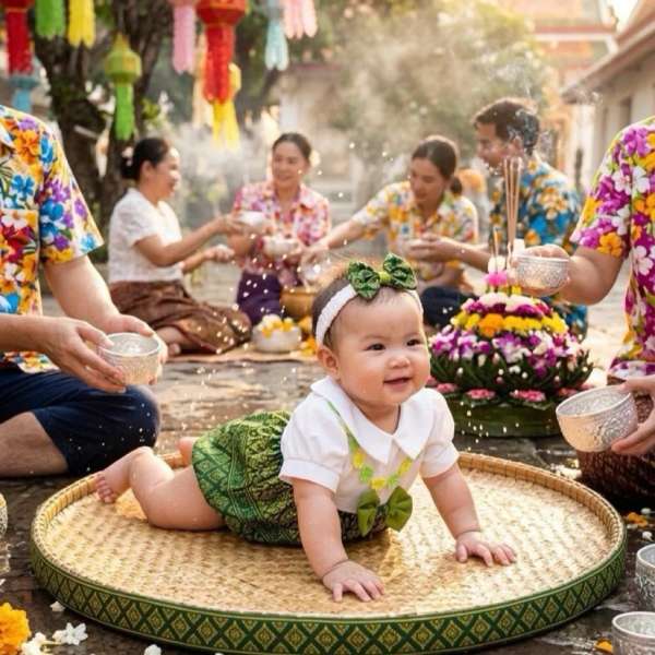 ชุดไทยลูกสาว พร้อมที่คาดผม สำหรับเด็กวัย 3-6m 6-9m 9-12m ชุดลอยกระทง ชุดปีใหม่