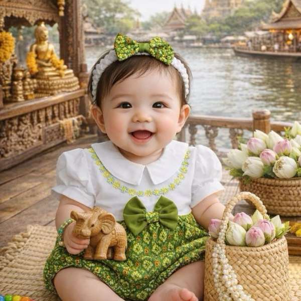 ชุดไทยลูกสาว พร้อมที่คาดผม สำหรับเด็กวัย 3-6m 6-9m 9-12m ชุดลอยกระทง ชุดปีใหม่