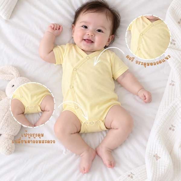 บอดี้สูทเด็กแขนสั้นเปิดข้าง ผ้า Cotton 100% นุ่มพิเศษ กระดุมหน้า เด็กอ่อน