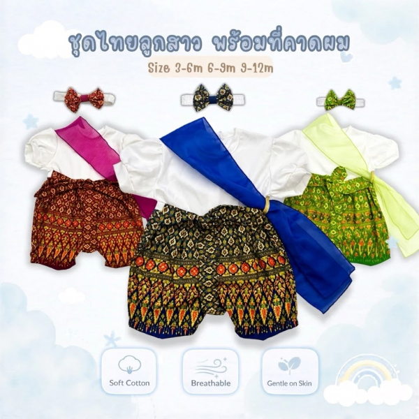ชุดไทยเด็กผู้หญิงชุดโจงกระเบนมีสไบ พร้อมที่คาดผม ชุดสงกรานต์ ผ้าคอตตอน 0