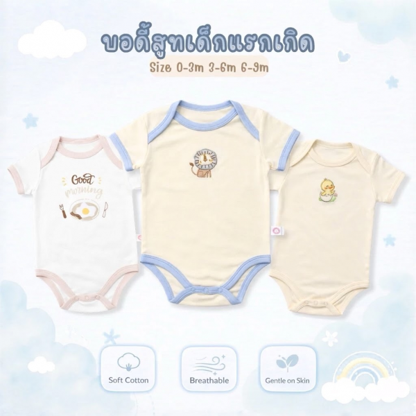 บอดี้สูทคอไขว้ บอดี้สูทเด็ก เสื้อผ้าเด็กแรกเกิด ผ้าคอตตอน 100% นุ่มพิเศษ 0-3m,3-6m,6-9m 0