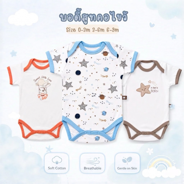 บอดี้สูทคอไขว้ บอดี้สูทเด็ก เสื้อผ้าเด็กแรกเกิด ผ้าคอตตอน 100% นุ่มพิเศษ 0-3m,3-6m,6-9m 0